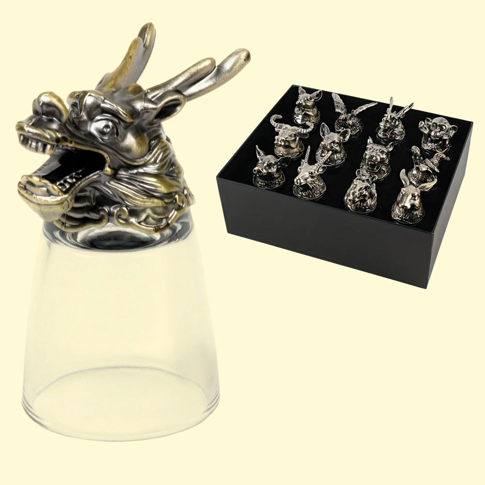 Набор рюмок-перевёртышей подарочный - Китайский гороскоп, 12 шт, 30 мл, металл, стекло, бронза