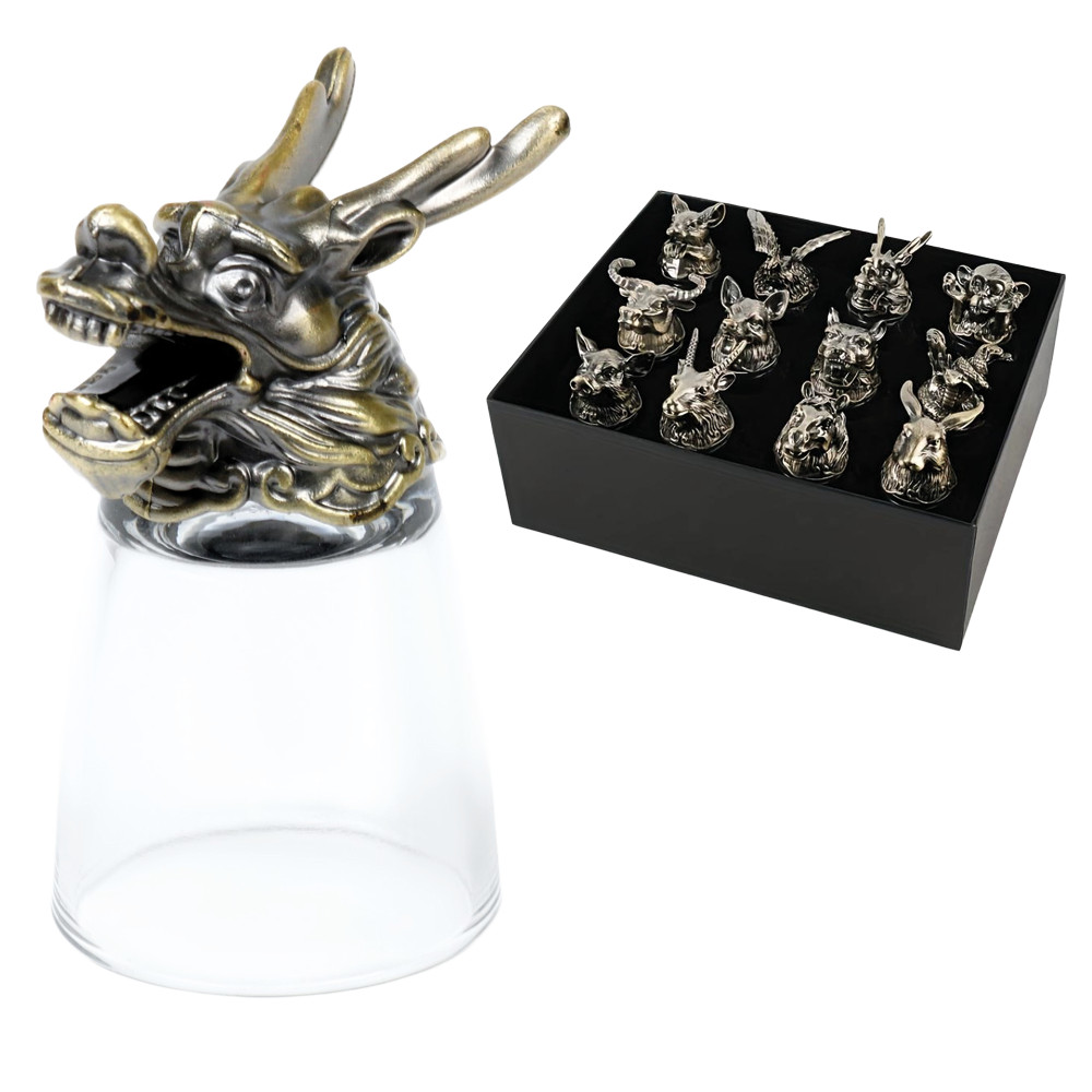 Набор рюмок-перевёртышей подарочный - Китайский гороскоп, 12 шт, 30 мл, металл, стекло, бронза