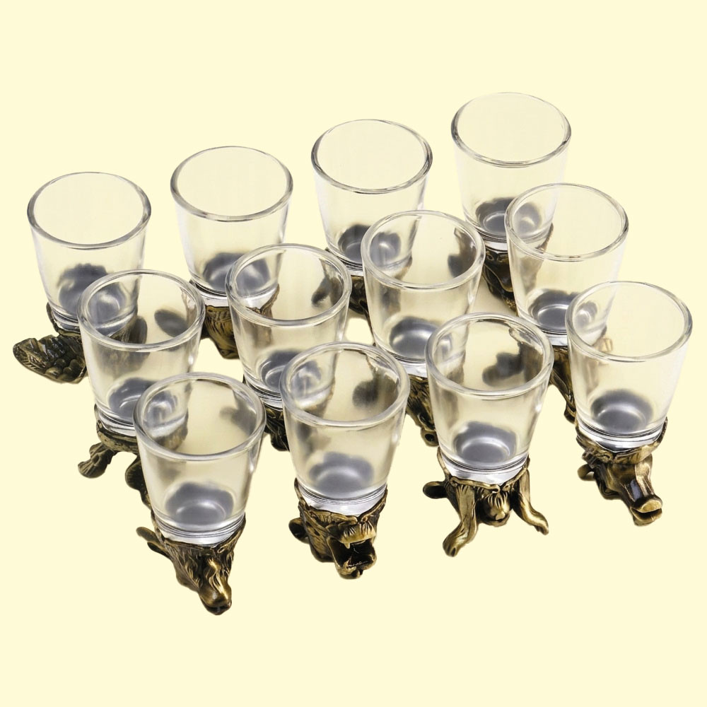 Набор рюмок-перевёртышей подарочный - Китайский гороскоп, 12 шт, 30 мл, металл, стекло, бронза