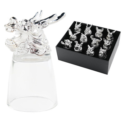 Набор рюмок-перевёртышей подарочный - Китайский гороскоп, 12 шт, 30 мл, металл, стекло, серебристый