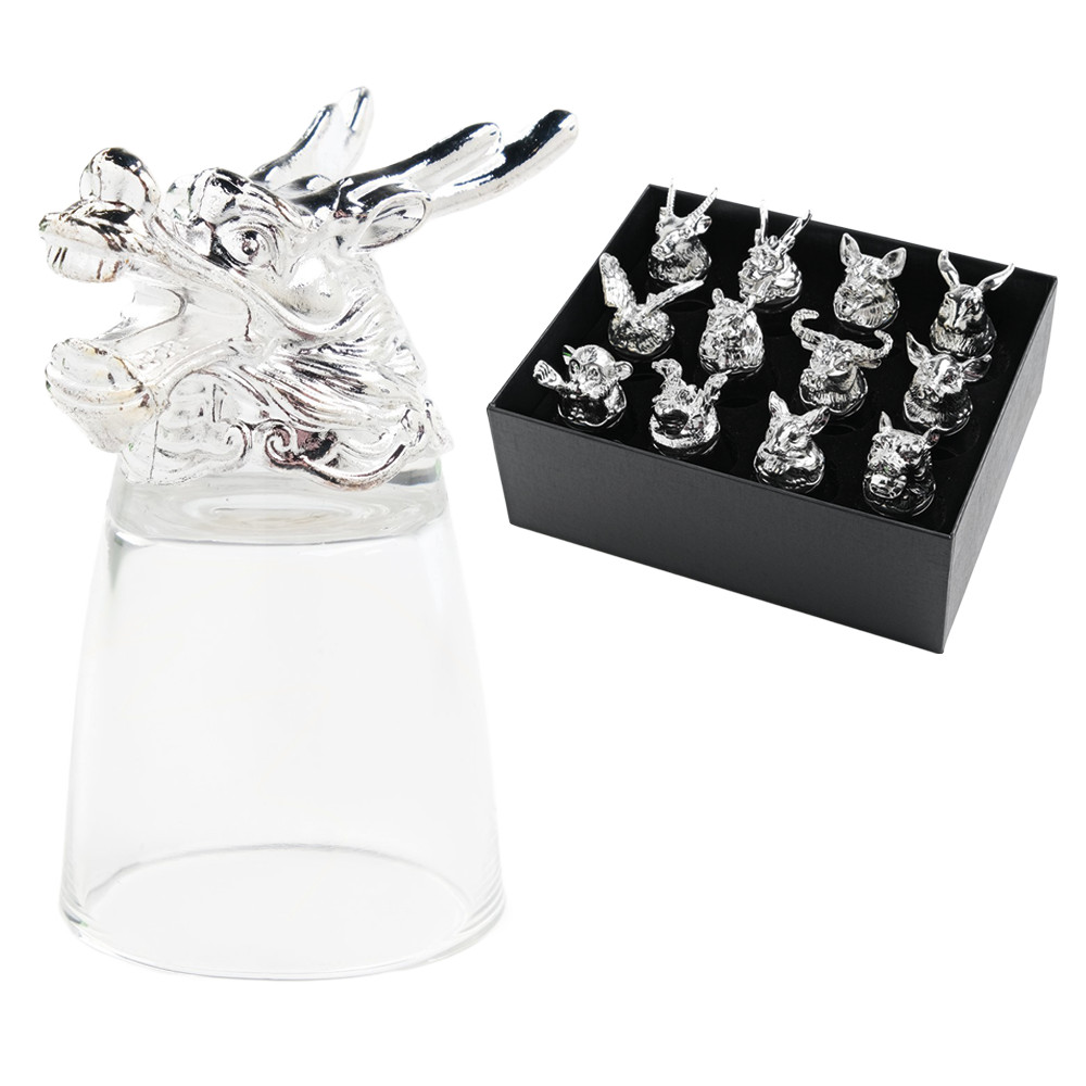 Набор рюмок-перевёртышей подарочный - Китайский гороскоп, 12 шт, 30 мл, металл, стекло, серебристый