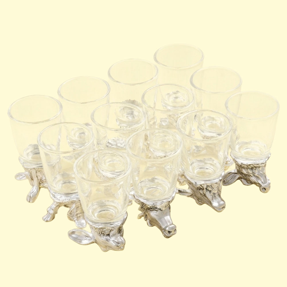 Набор рюмок-перевёртышей подарочный - Китайский гороскоп, 12 шт, 30 мл, металл, стекло, серебристый